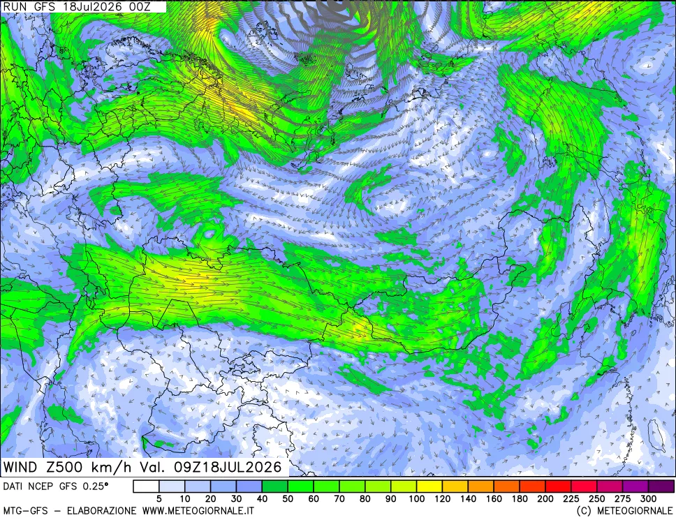 mappa 500 hPa Vento forza e direzione