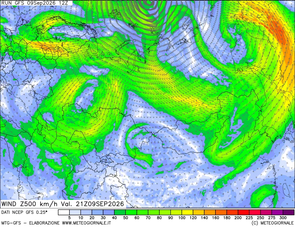 mappa 500 hPa Vento forza e direzione