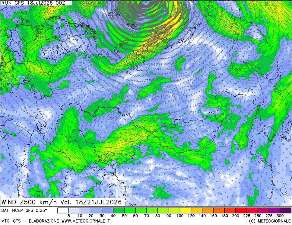 mappa 500 hPa Vento forza e direzione
