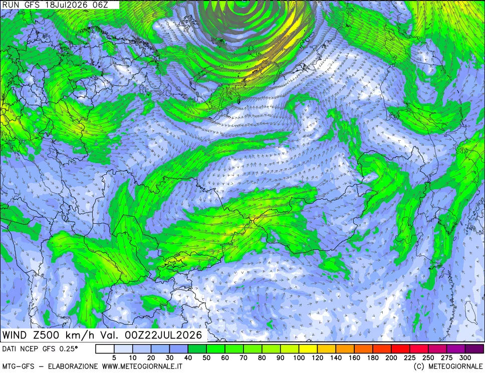 mappa 500 hPa Vento forza e direzione