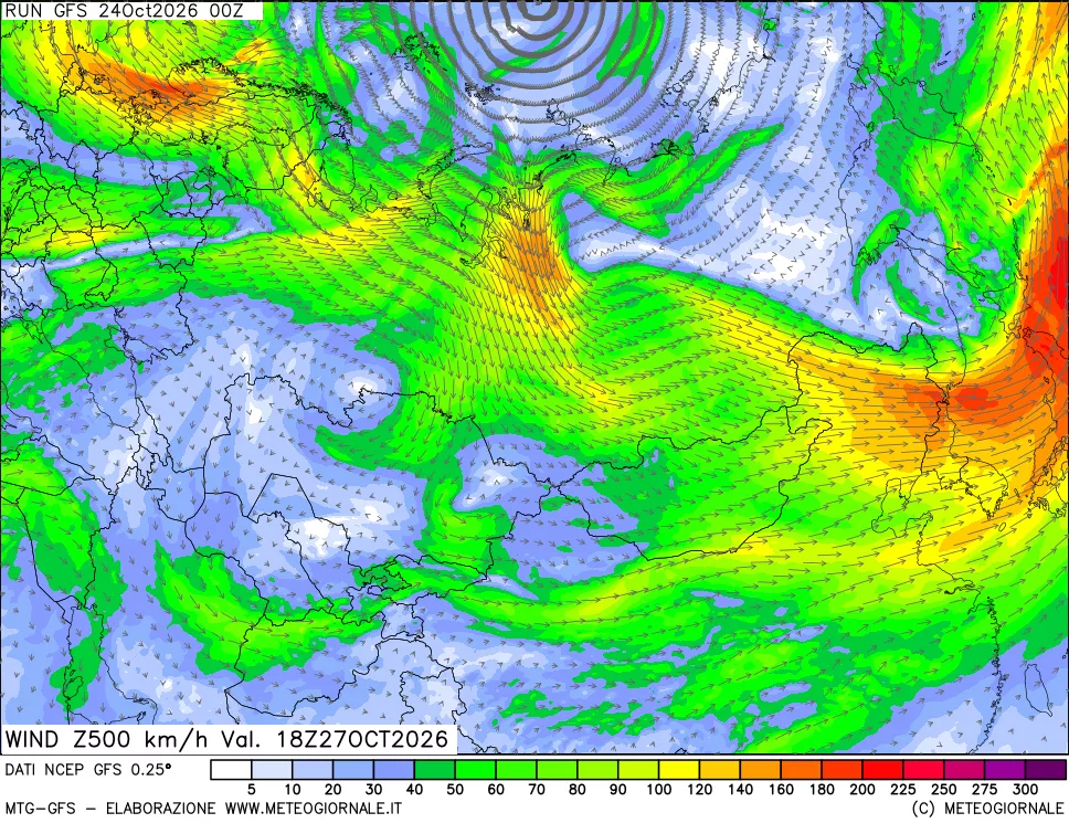 mappa 500 hPa Vento forza e direzione
