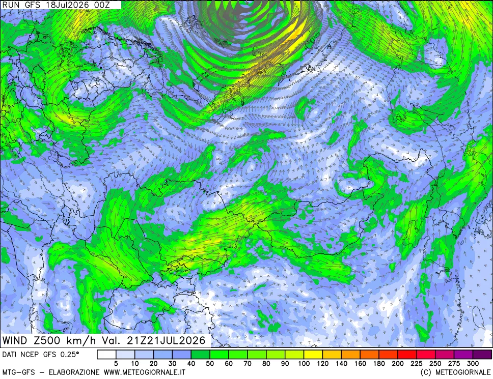 mappa 500 hPa Vento forza e direzione