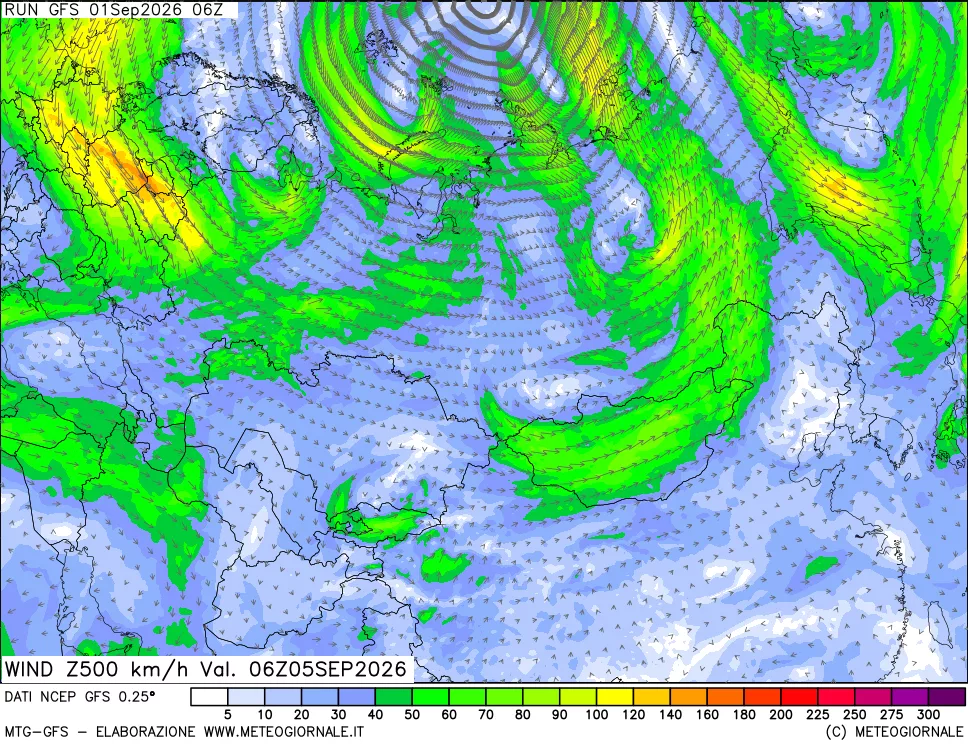 mappa 500 hPa Vento forza e direzione
