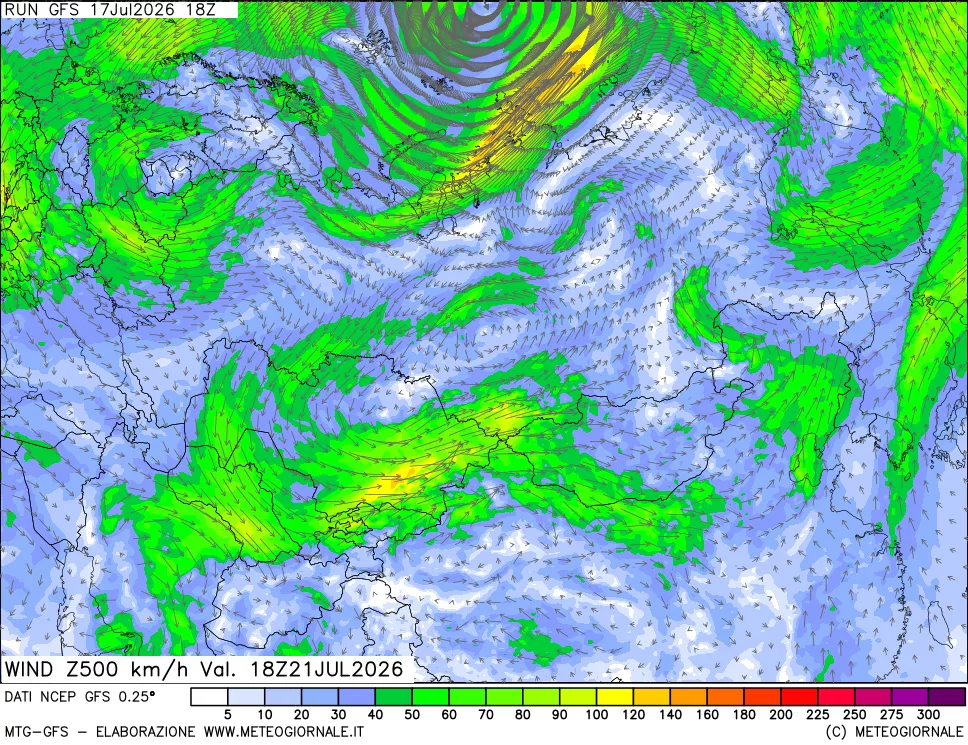 mappa 500 hPa Vento forza e direzione
