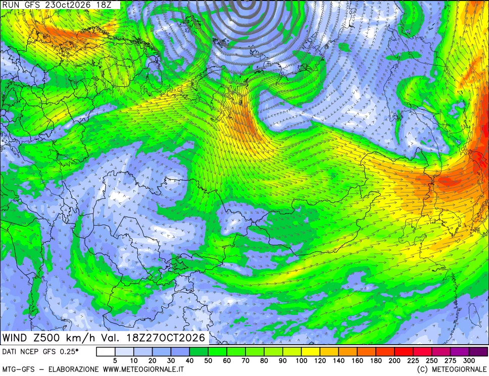 mappa 500 hPa Vento forza e direzione