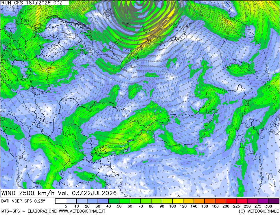 mappa 500 hPa Vento forza e direzione