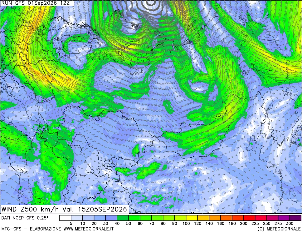 mappa 500 hPa Vento forza e direzione