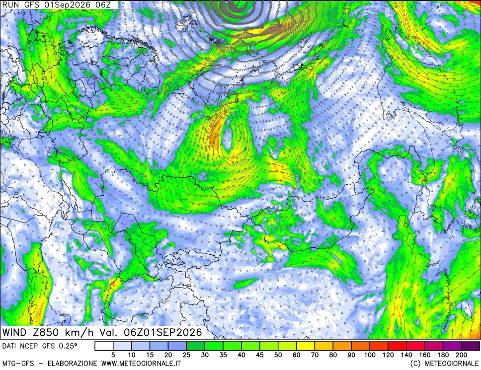 mappa 850 hPa Vento forza e direzione