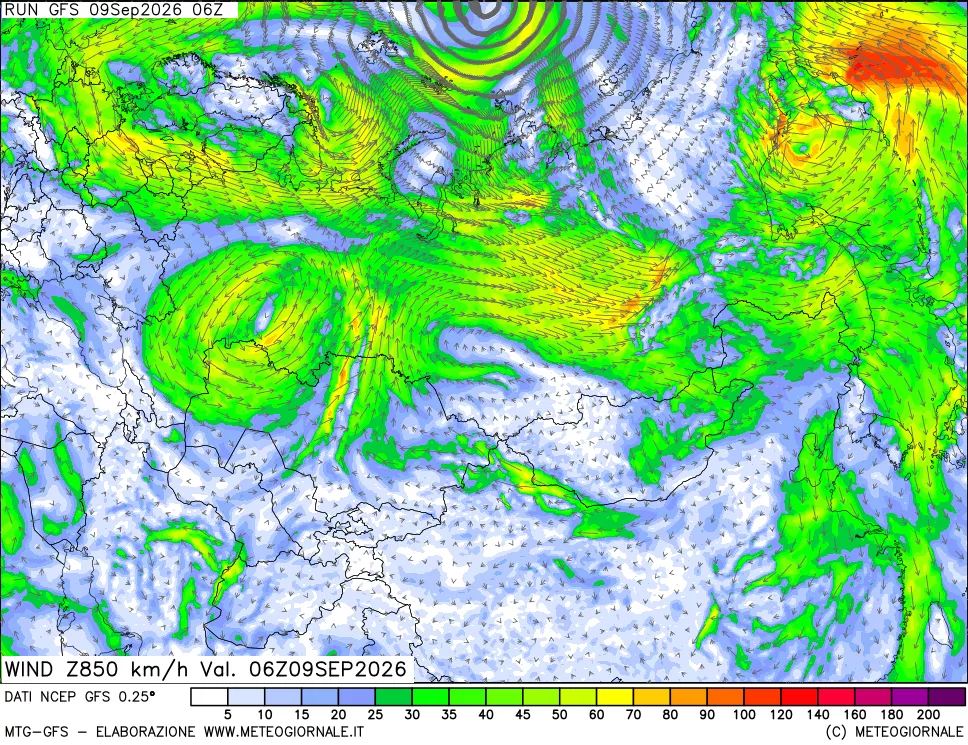 mappa 850 hPa Vento forza e direzione