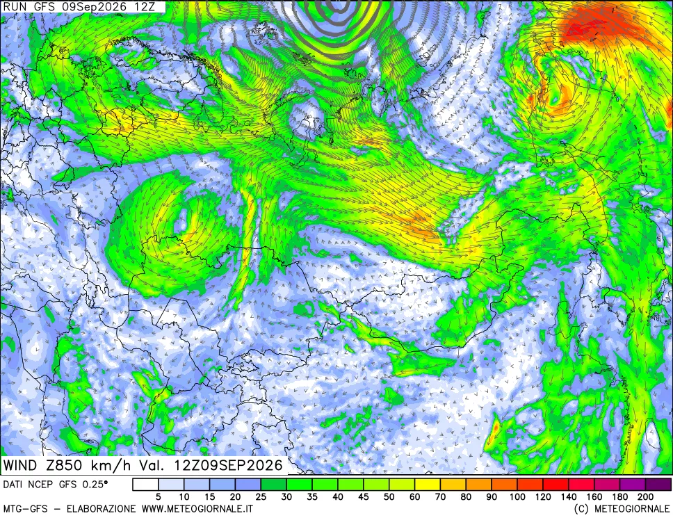 mappa 850 hPa Vento forza e direzione
