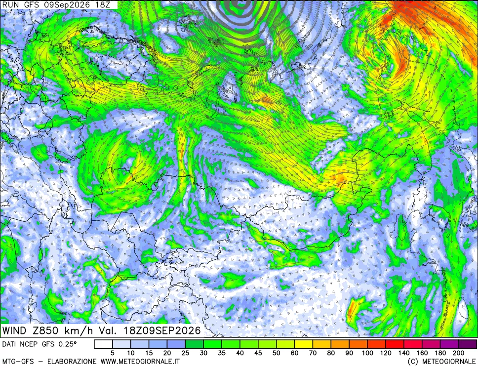 mappa 850 hPa Vento forza e direzione
