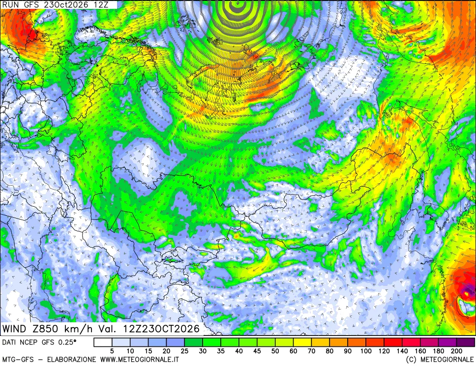 mappa 850 hPa Vento forza e direzione