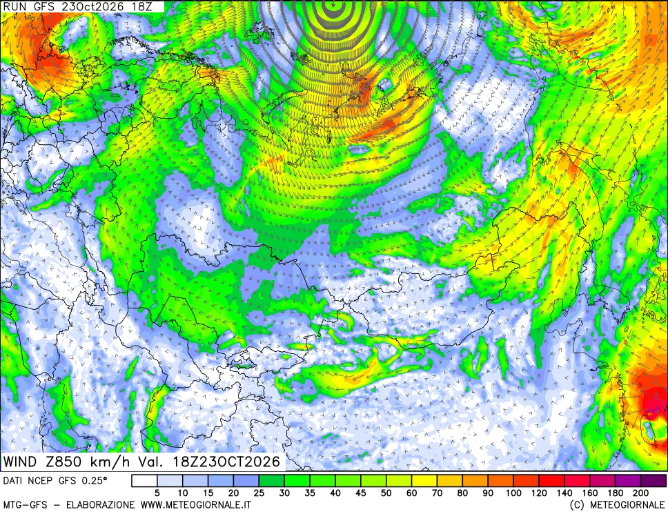 mappa 850 hPa Vento forza e direzione