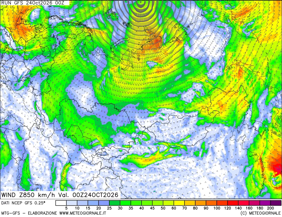 mappa 850 hPa Vento forza e direzione