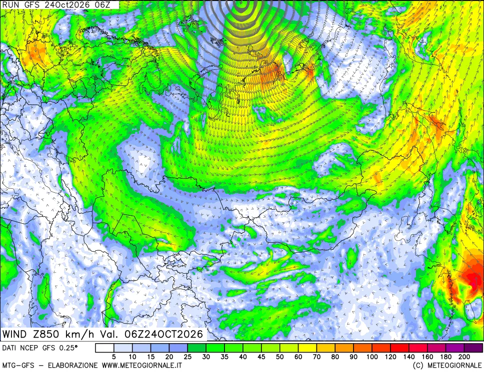 mappa 850 hPa Vento forza e direzione