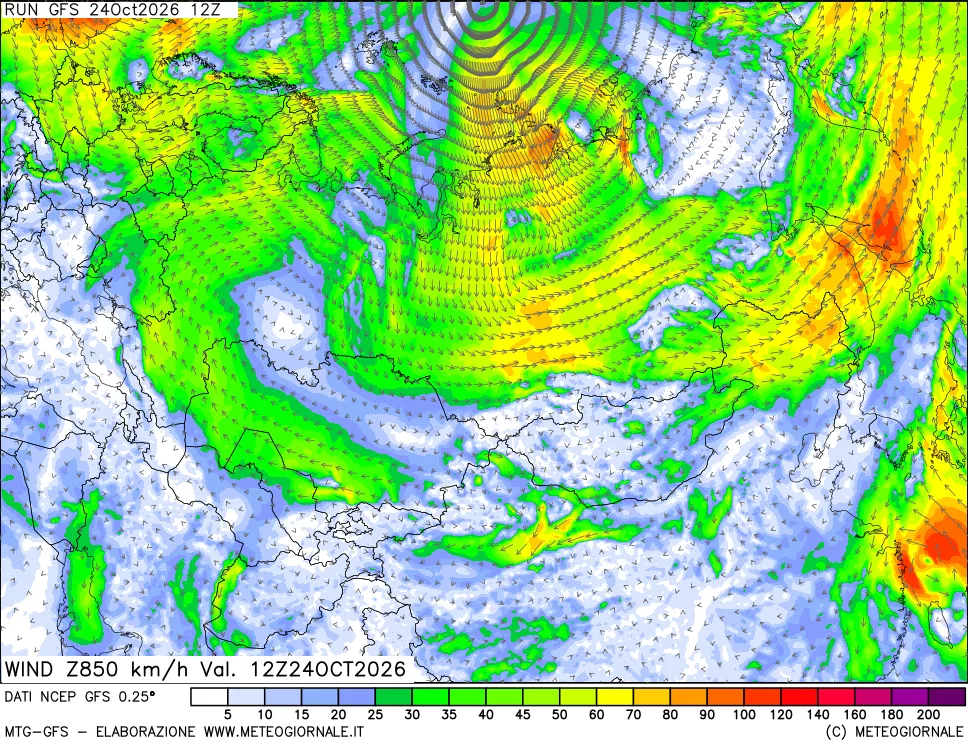 mappa 850 hPa Vento forza e direzione