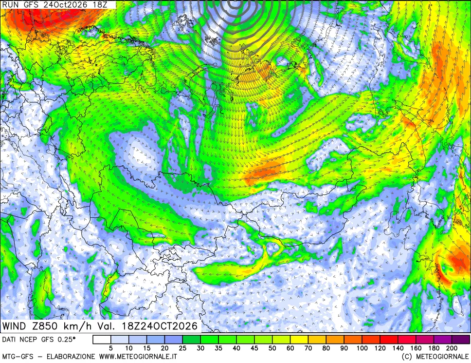 mappa 850 hPa Vento forza e direzione