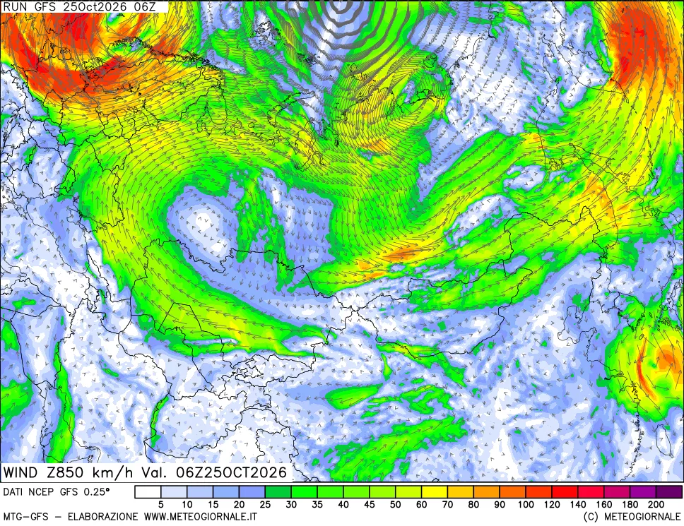 mappa 850 hPa Vento forza e direzione