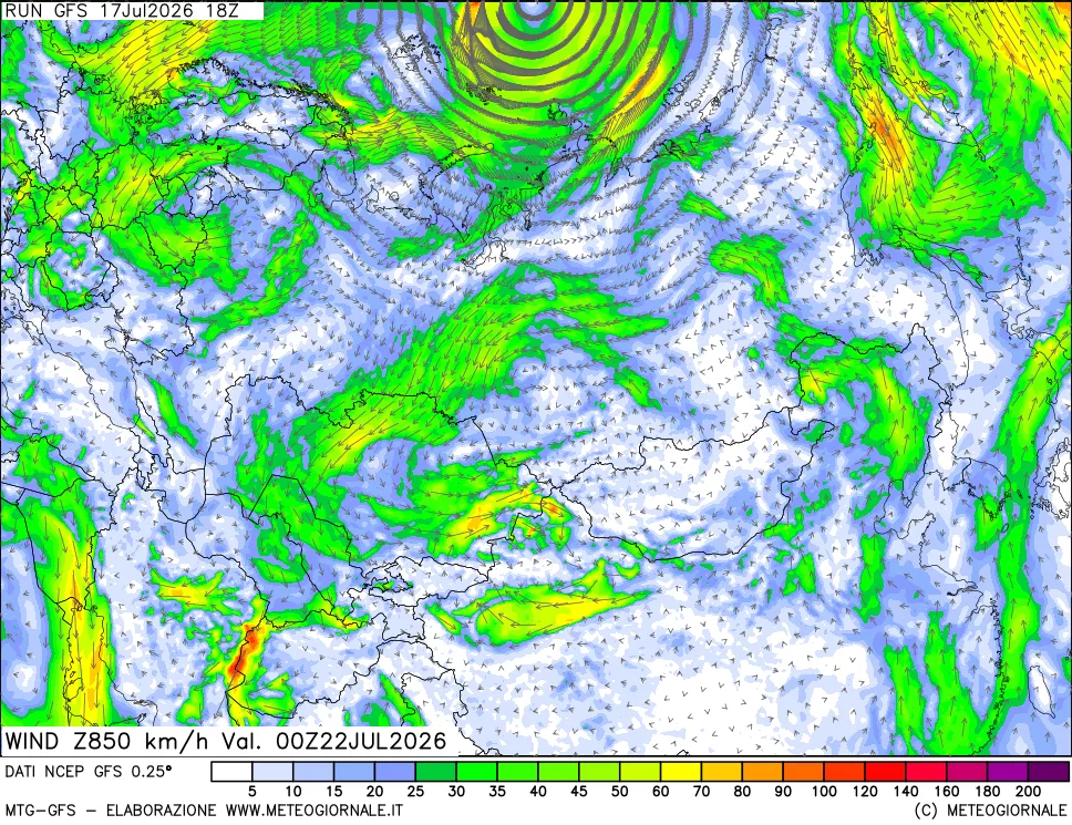 mappa 850 hPa Vento forza e direzione