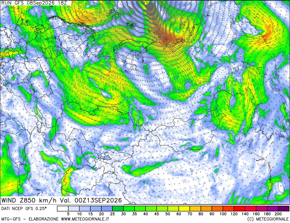mappa 850 hPa Vento forza e direzione