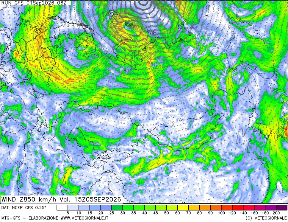 mappa 850 hPa Vento forza e direzione