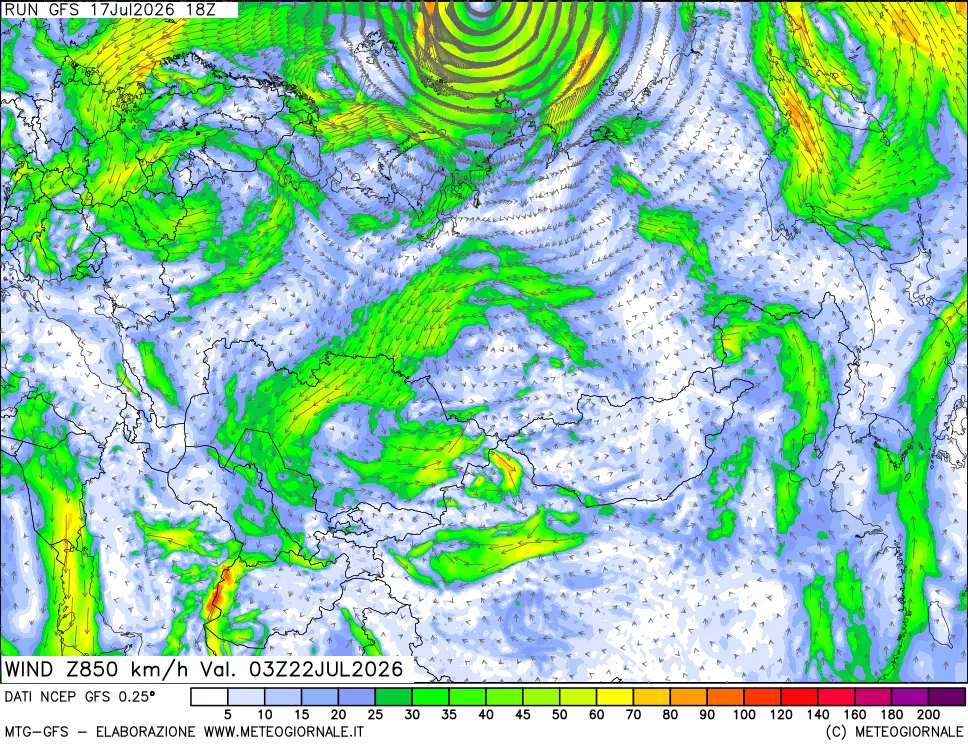 mappa 850 hPa Vento forza e direzione