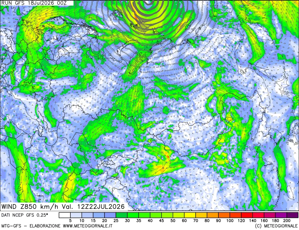 mappa 850 hPa Vento forza e direzione