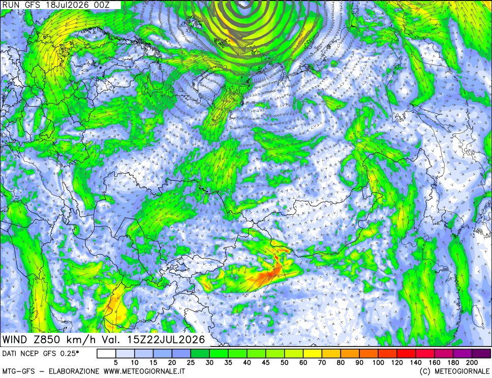 mappa 850 hPa Vento forza e direzione