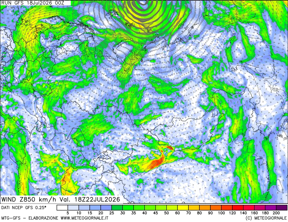 mappa 850 hPa Vento forza e direzione