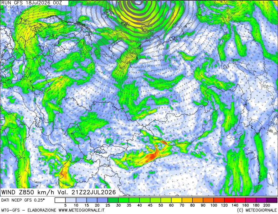 mappa 850 hPa Vento forza e direzione
