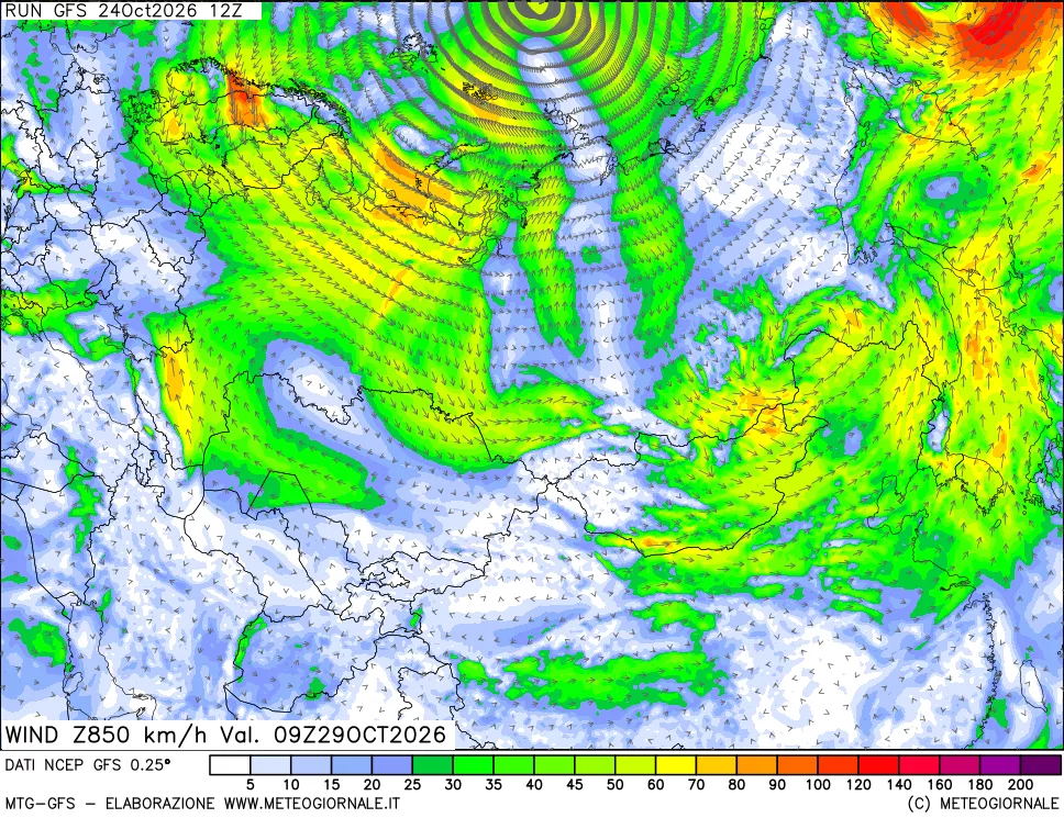 mappa 850 hPa Vento forza e direzione