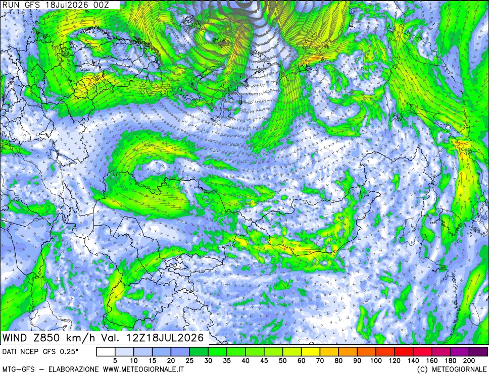 mappa 850 hPa Vento forza e direzione