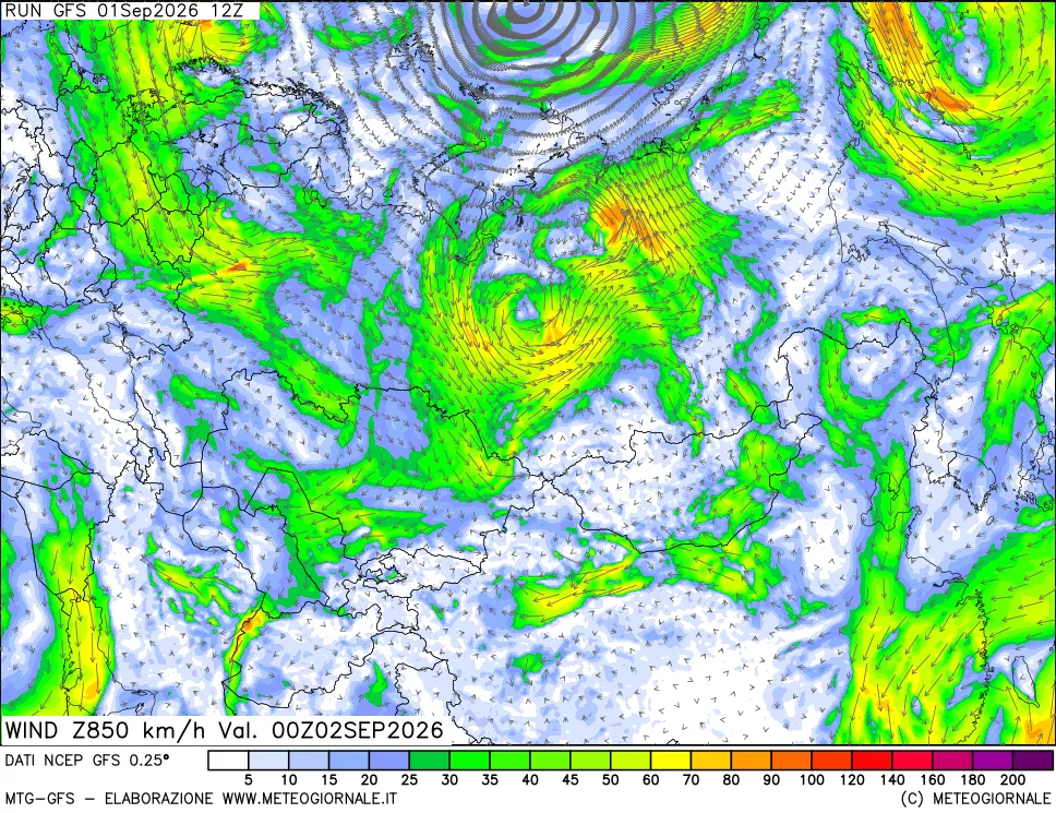 mappa 850 hPa Vento forza e direzione