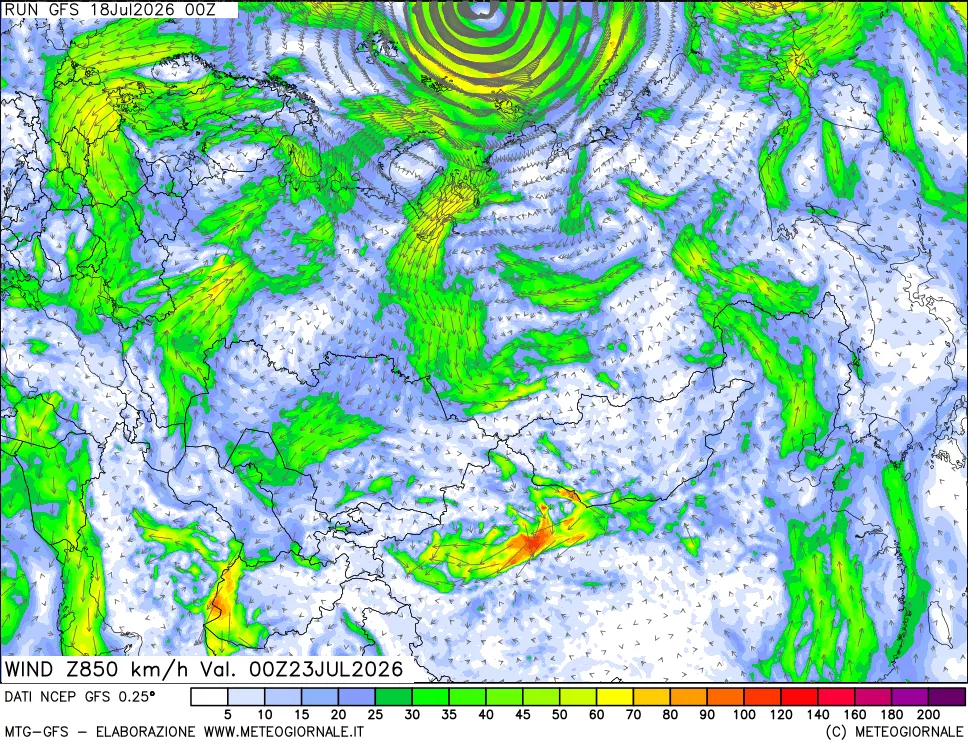 mappa 850 hPa Vento forza e direzione