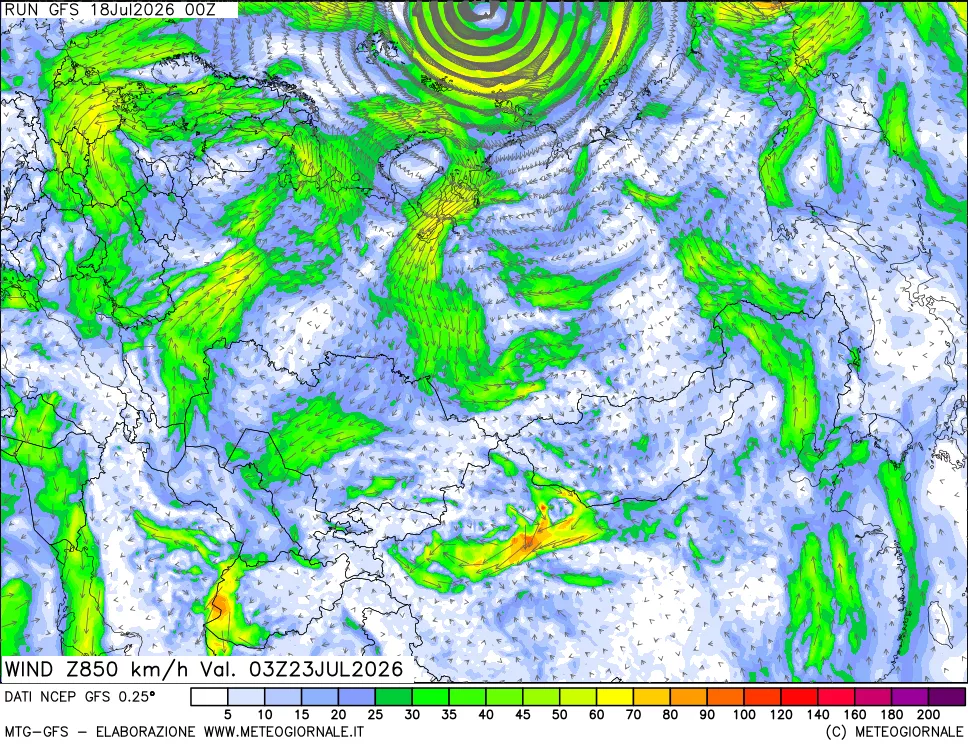 mappa 850 hPa Vento forza e direzione