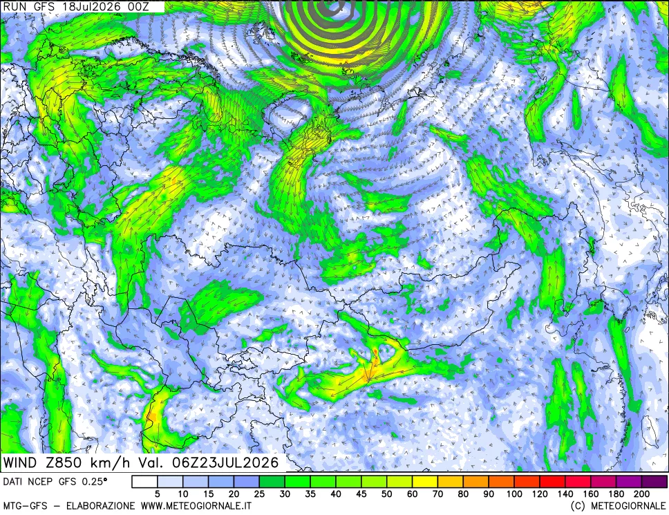 mappa 850 hPa Vento forza e direzione