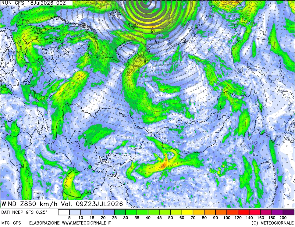 mappa 850 hPa Vento forza e direzione