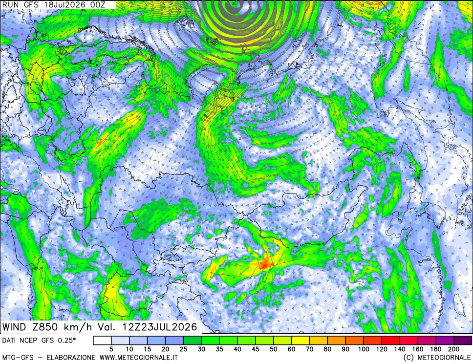 mappa 850 hPa Vento forza e direzione