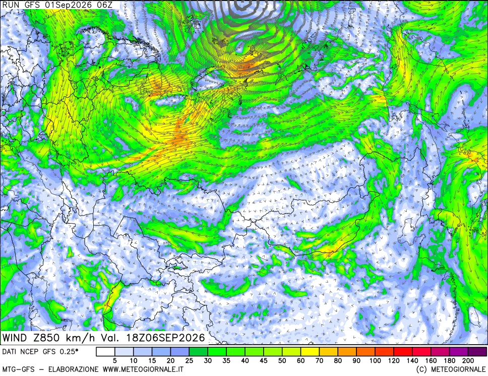 mappa 850 hPa Vento forza e direzione