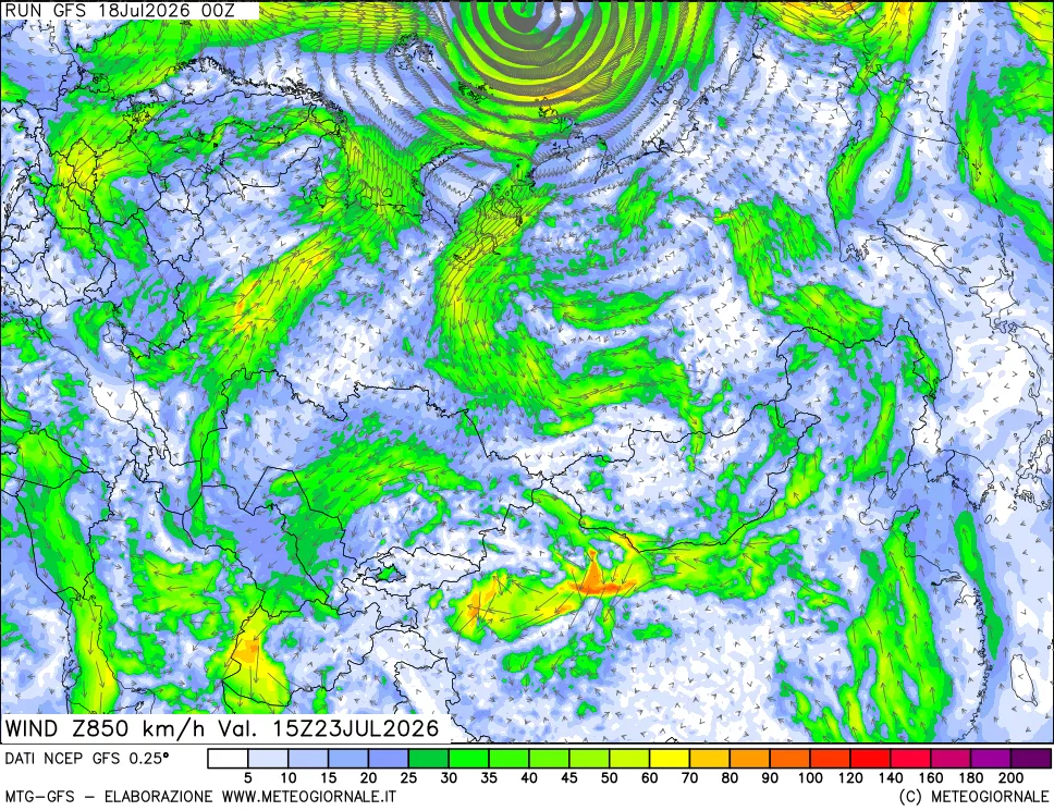 mappa 850 hPa Vento forza e direzione