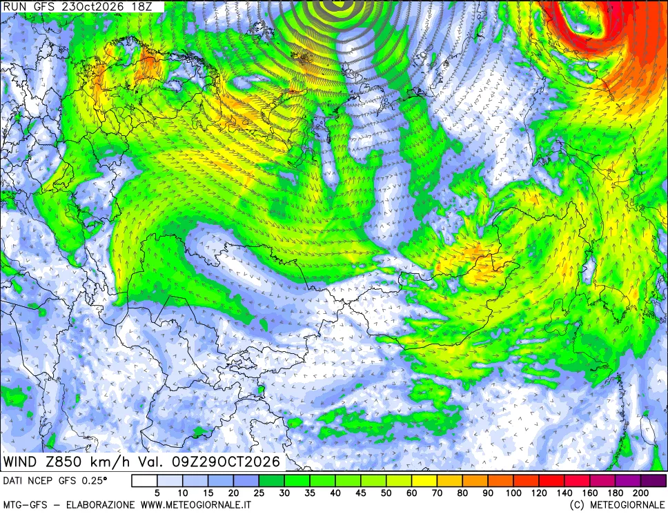 mappa 850 hPa Vento forza e direzione