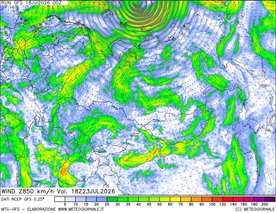 mappa 850 hPa Vento forza e direzione