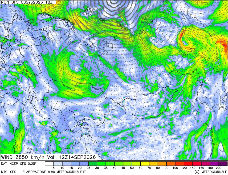 mappa 850 hPa Vento forza e direzione