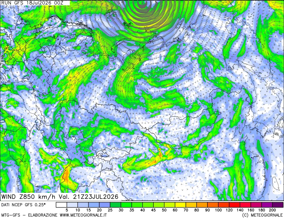 mappa 850 hPa Vento forza e direzione