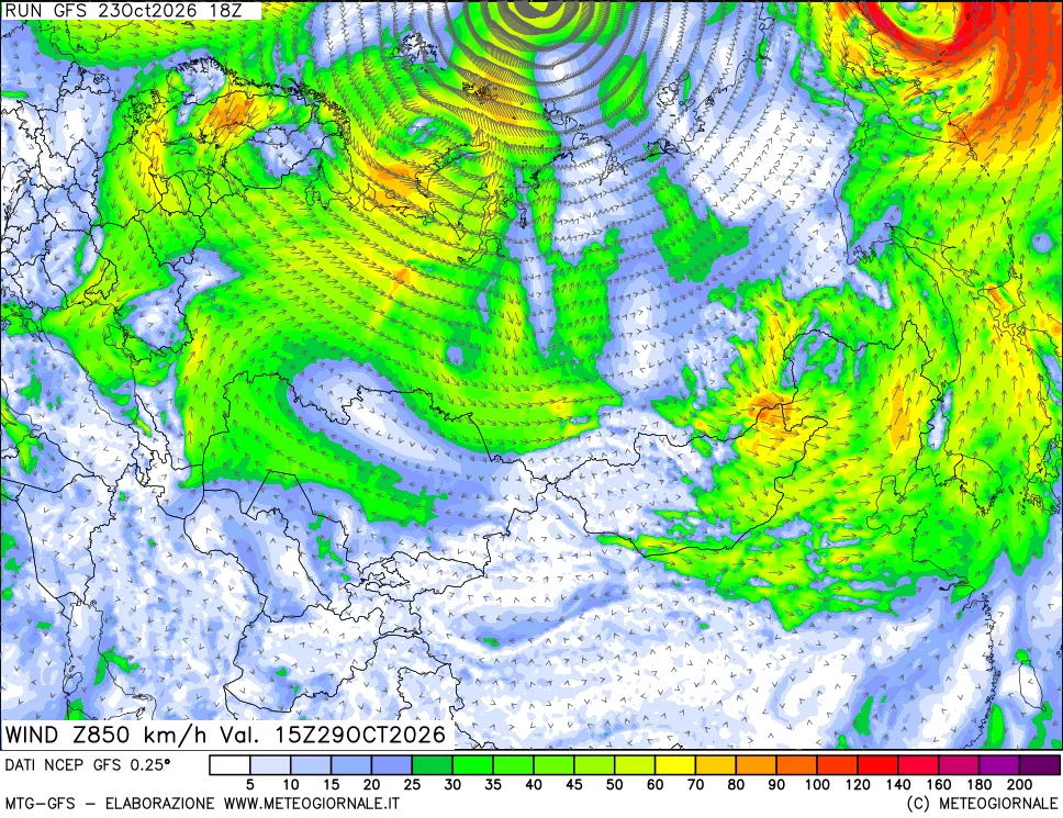 mappa 850 hPa Vento forza e direzione