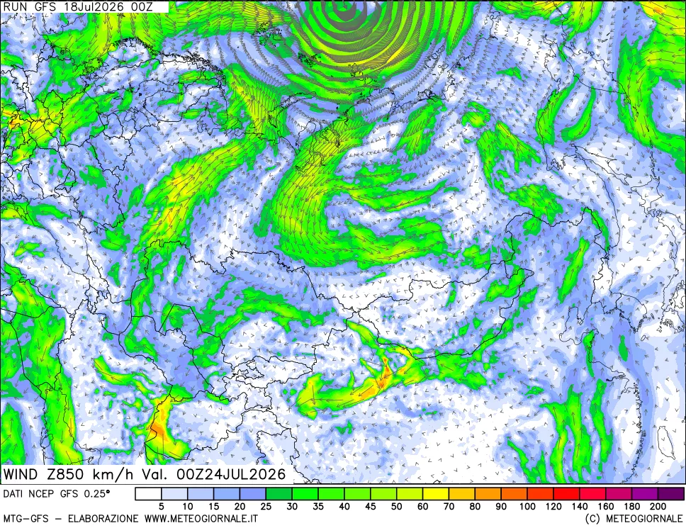 mappa 850 hPa Vento forza e direzione