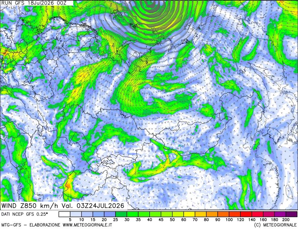 mappa 850 hPa Vento forza e direzione