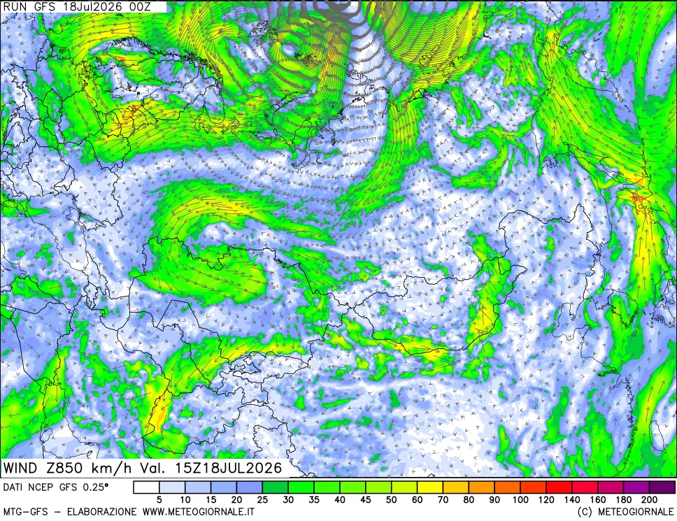 mappa 850 hPa Vento forza e direzione