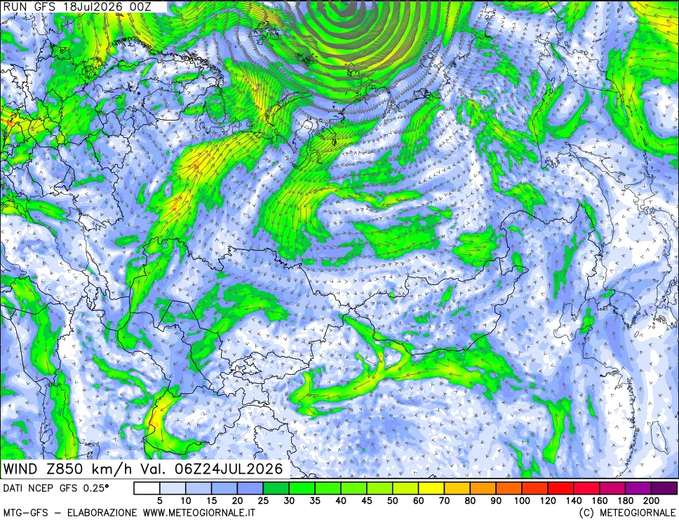mappa 850 hPa Vento forza e direzione