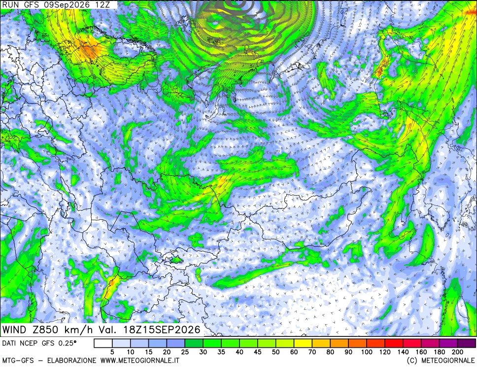 mappa 850 hPa Vento forza e direzione